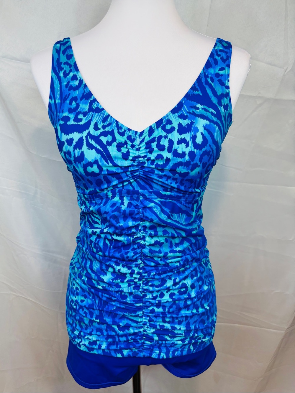 Kim Gravel Blue Animal Print Tankini Swim Set Size 10 Tummy Control Ruched